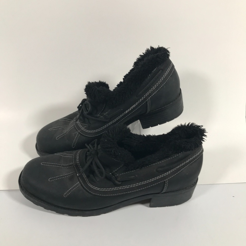 Trotters Black Faux Fur Lined Ankle Boots Lace Up Duck Toe T1755-013 Womens 7.5M